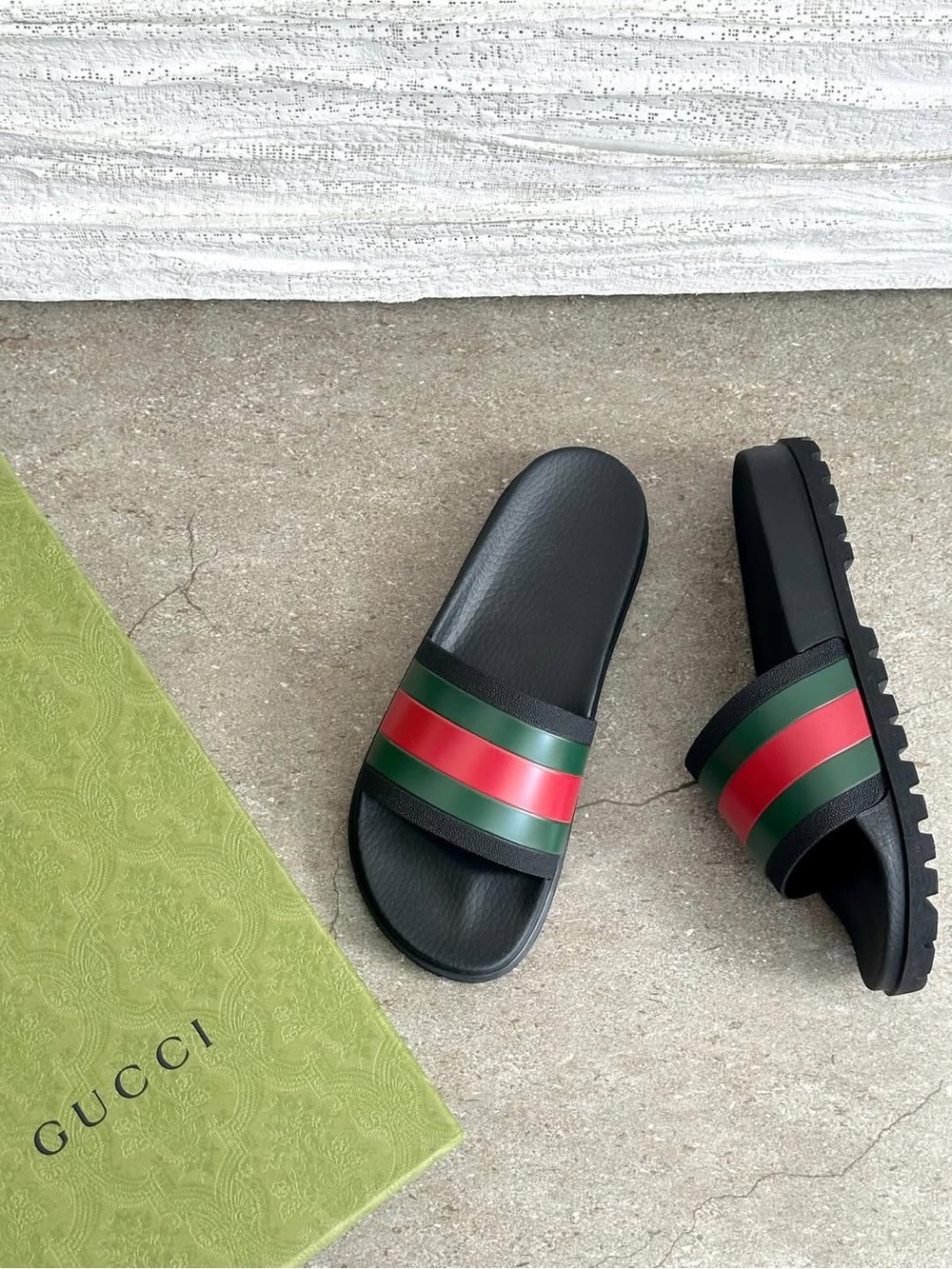 Gucci Black Slides with Green and Red Web Stripe